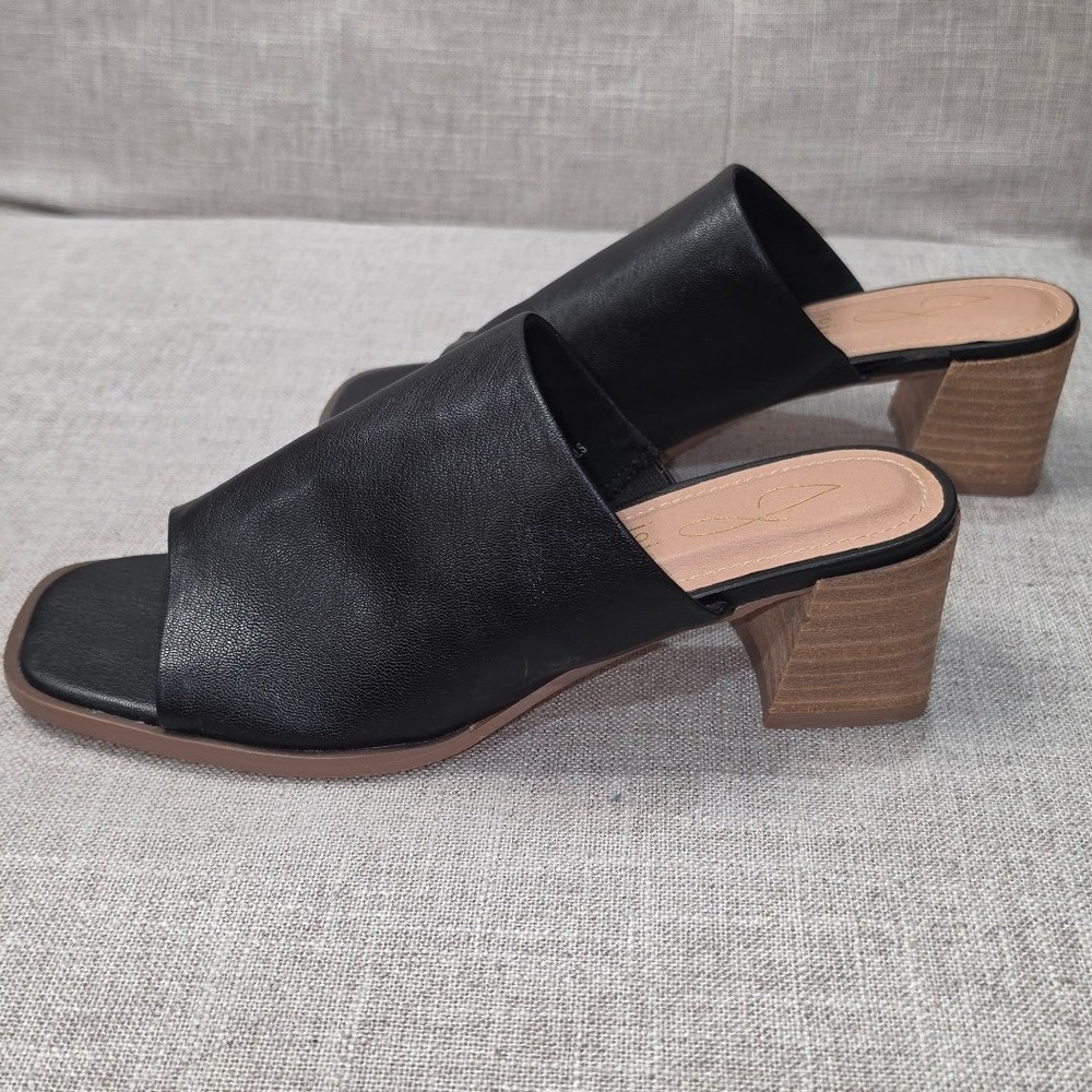 Joie Olympia Black Faux Leather Square Toe Block Heel Mules Sandals Womens 8M
